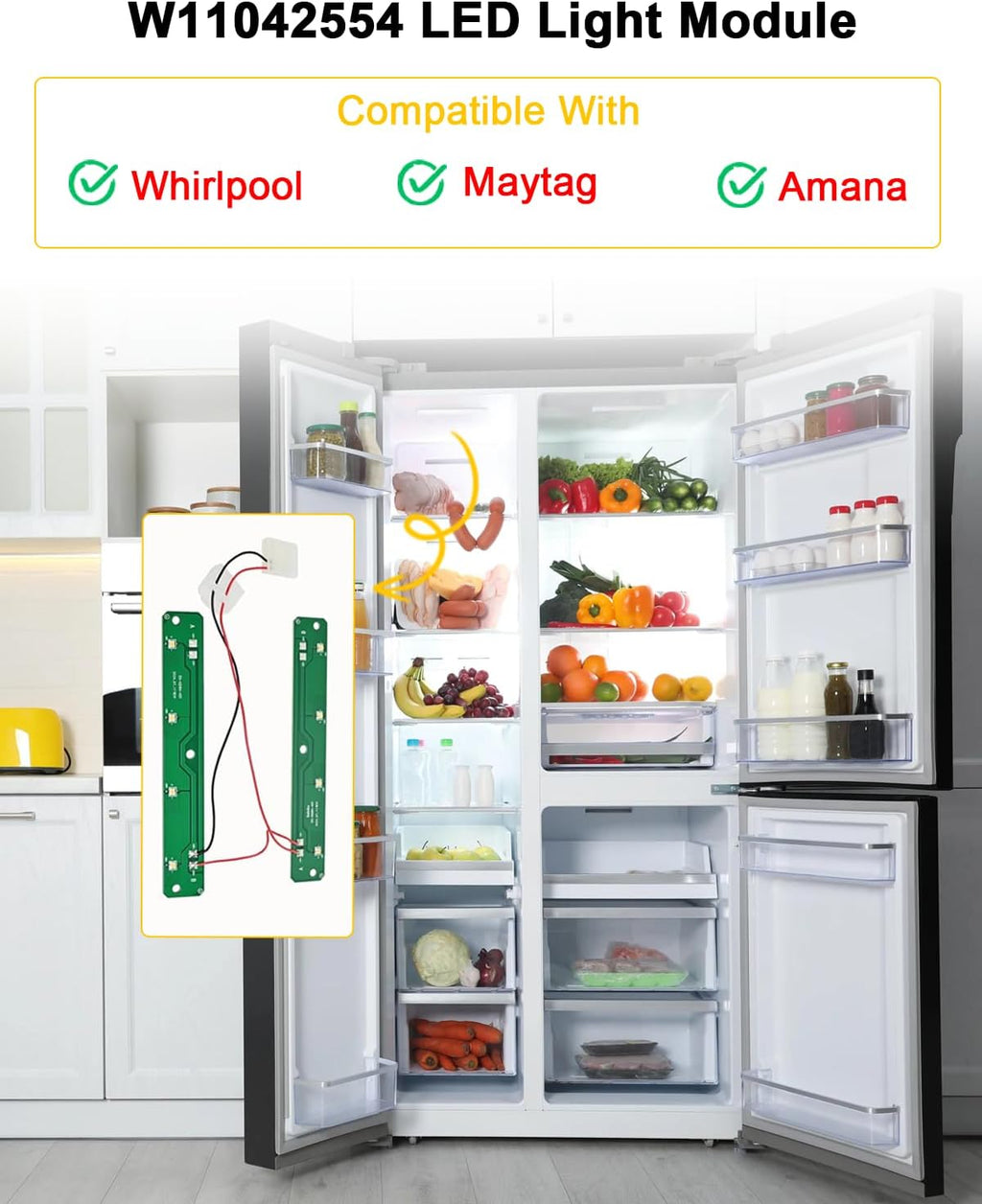 W11527432 Refrigerator LED Light Module - Compatible with Whirlpool, Kenmore, Maytag, Amana, IKEA - Bright, Energy-Efficient Replacement for W10866538, W11043011,AP6047972, PS12070396