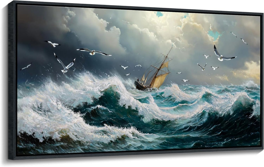 YDYSUNE Ocean Wall Art - Retro Canvas painting Sailboat Wall Decor Textured Picture Artwork Nautical Adventurer Painting Coastal Art Framed for Living Room Bedroom Home 29x58inch