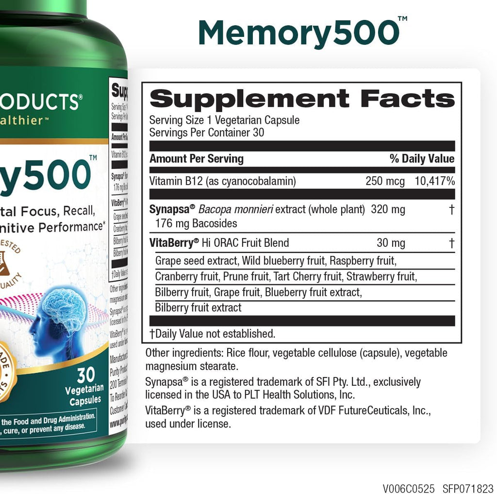 Purity Products Memory500 Bacopa monniera/Brahmi Elite Nootropic Complex - Supports Peak Cognitive Performance*, Increased Learning Speed* and Healthy Memory & Recall* - 30 Vegetarian Caps