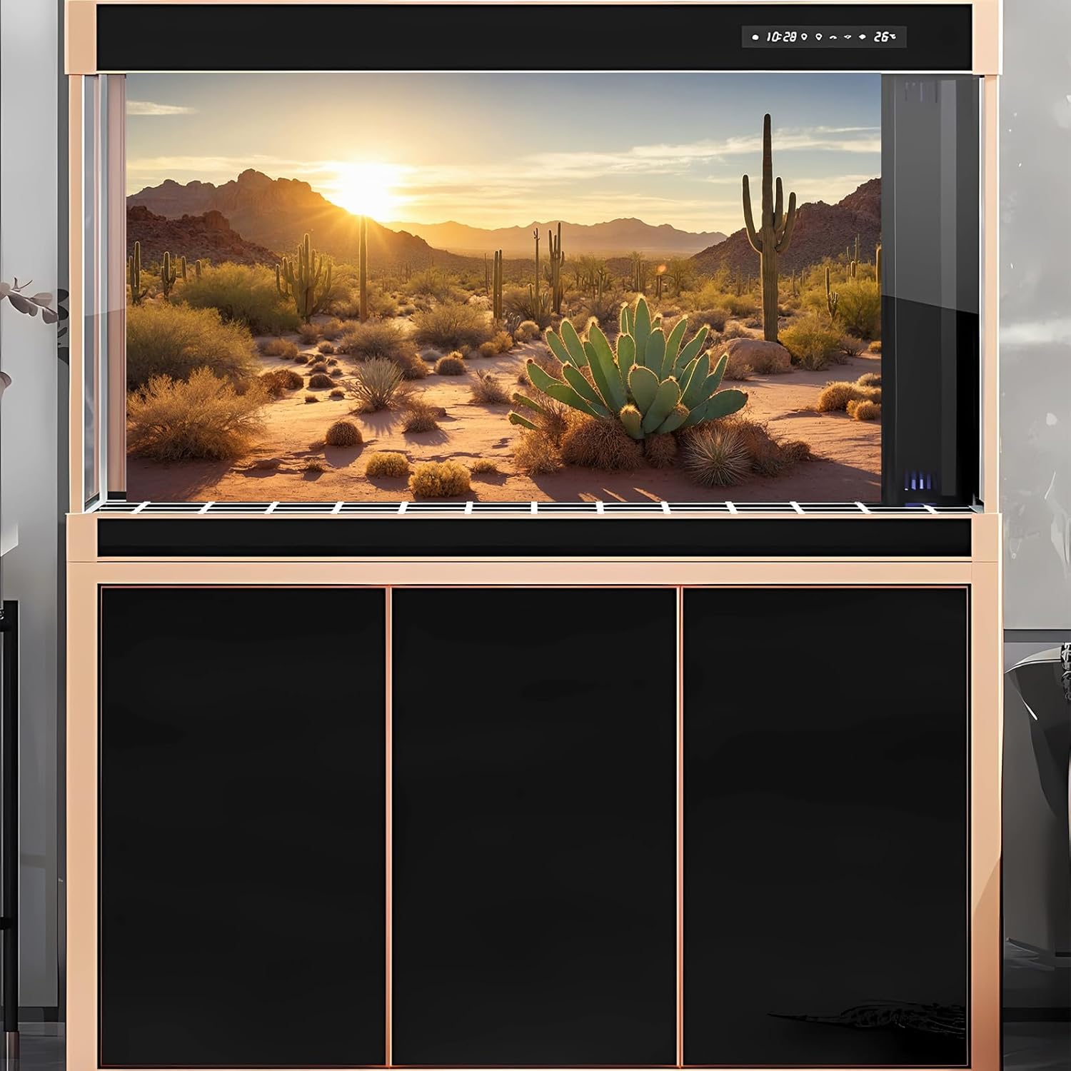2 Packs Desert Mountain Reptile Tank Background Sunset Desert Gobi Cacti Sand Dunes Aquarium Background Saguaro Sandstone Rock Mountain Range Scenery Aquarium Reptile Enclosure Backgrounds 30x18in
