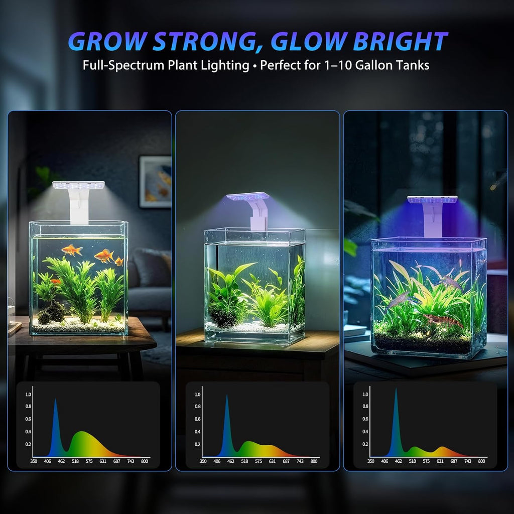 Mini Clip-On Aquarium Light 7W USB Dimmable Fish Tank Lamp with 3 Light Modes (Full Spectrum/White/RGB), 9-Level Brightness, Compact LED Light for 1–3 Gallon Aquariums