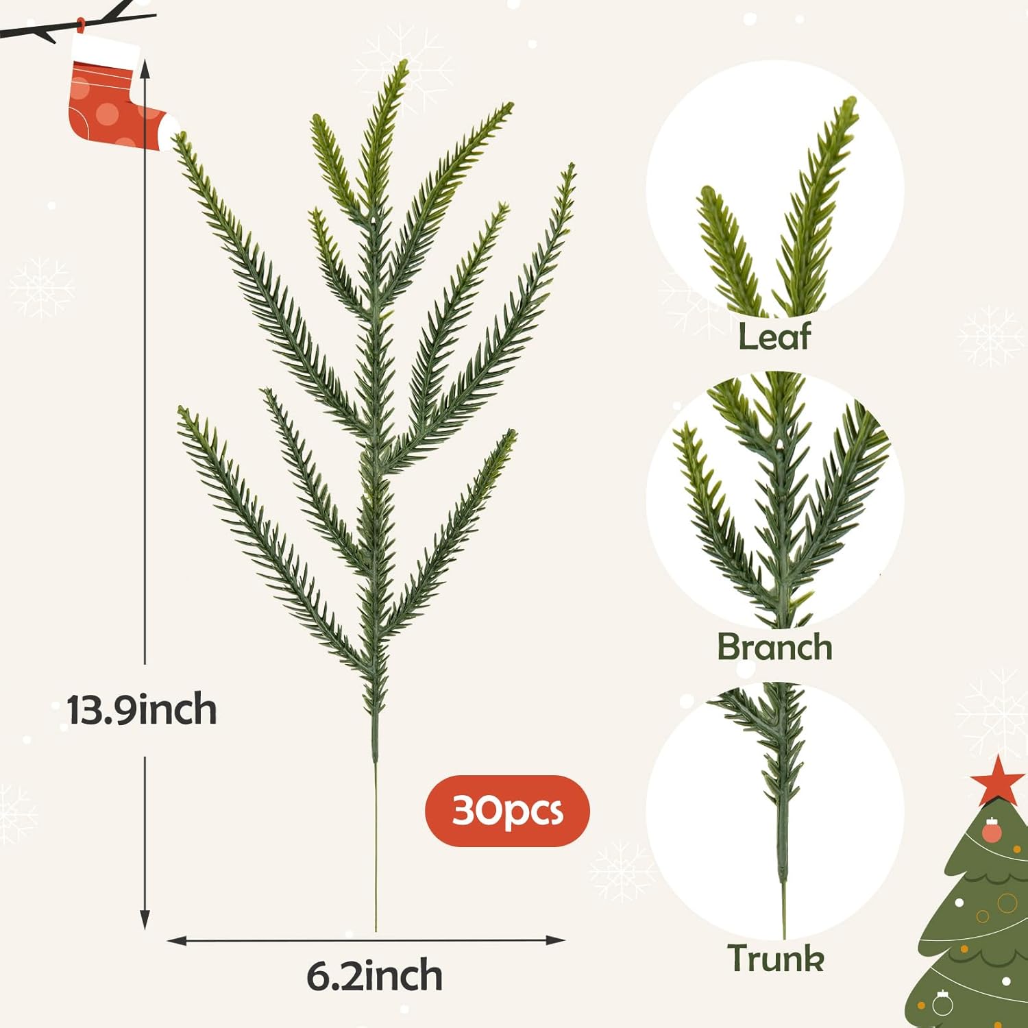 HOHOTIME 30 Pcs Norfolk Pine Stems, Christmas Greenery Branches for Vase, Artificial Pine Picks, Fake Pine Decoration, Faux Sprigs for Garland Wreath Tree Home DIY Xmas Decor