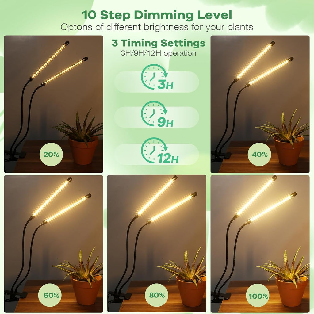 Led Grow Lights, 2 Heads Full Spectrum Plant Light with Clamp for Indoor Plants & Seed Starting, 10-Level Dimmable, Auto On Off, Timing 3 9 12Hrs
