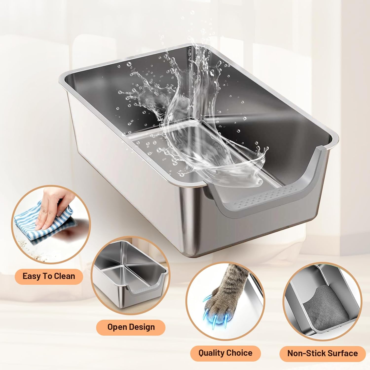XL Stainless Steel Cat Litter Box, Leak Proof 7.9 Inch High Sides Metal Litter Pan Tray, No Stick No Slip Easy Clean Low Entry Litter Boxes for Older Senior Big Cats, Kittens, 23.6"×15.7", Silver