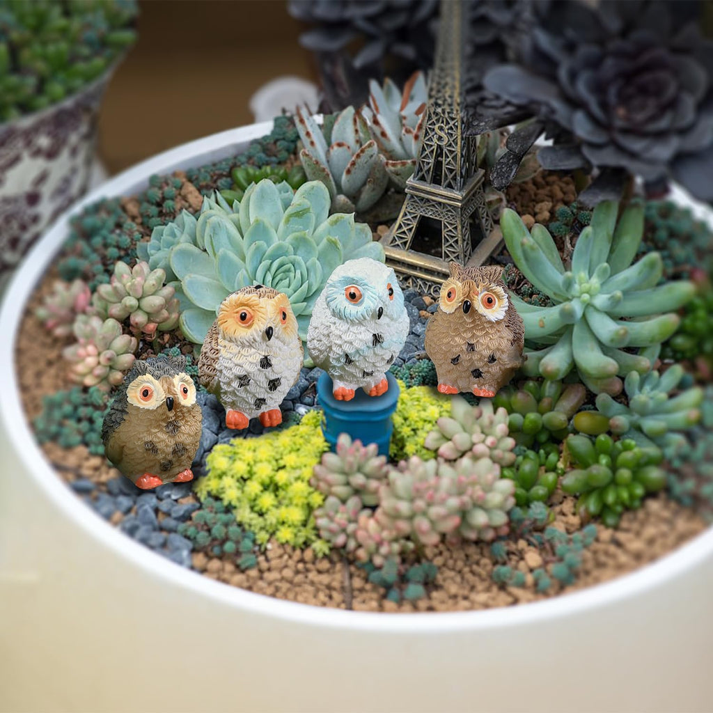 4pcs Mini Resin Owls and 1pcs Branch, Miniature Owl Figurines for Fairy Garden Accessories, Plant Pot, Bonsai Craft Decor, Cake Topper, DIY Home Micro Landscape Ornaments