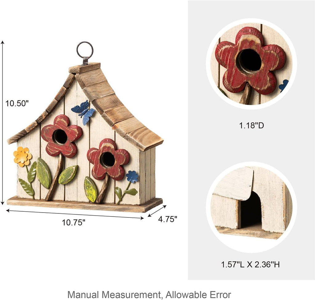 Glitzhome 10.75" L Distressed Solid Wood Hanging Birdhouse with 3D Flowers Rustic Two-Story Townhouse Hand-Painted Garden Bird Houses for Outdoors,Washed White