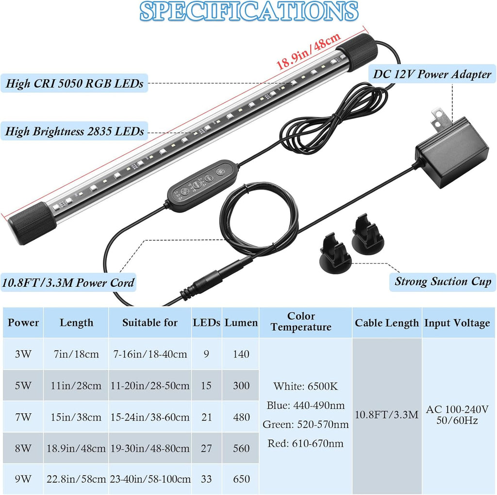 FEDOUR 18.9in Submersible Aquarium LED Light, 24/7 Aquarium Lights with Full Spectrum RGBW LEDs, IP68 Waterproof Fish Tank Light with Dimming, Timming and Color Adjustable