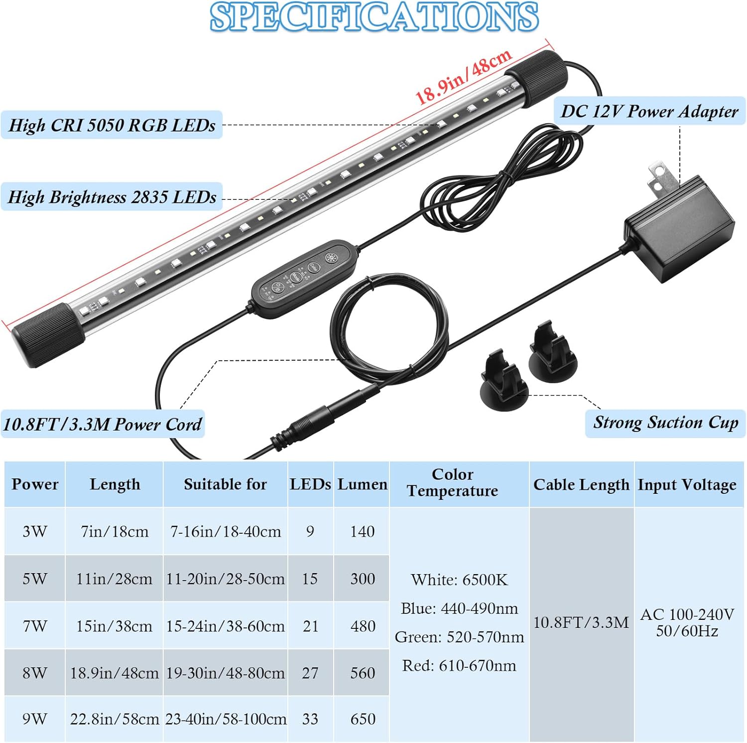 FEDOUR 18.9in Submersible Aquarium LED Light, 24/7 Aquarium Lights with Full Spectrum RGBW LEDs, IP68 Waterproof Fish Tank Light with Dimming, Timming and Color Adjustable