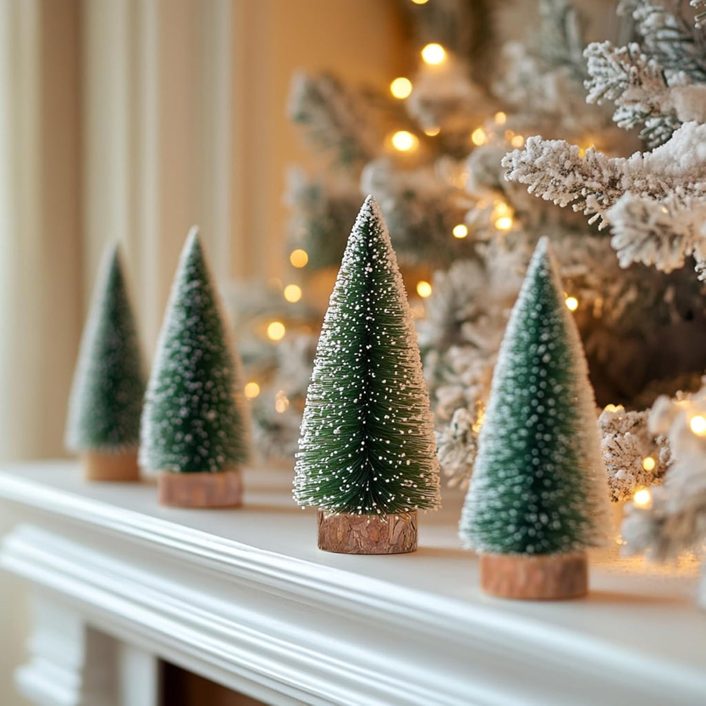 3pcs 10inch Mini Christmas Tree Bottle Brush Trees Chrismas Village Trees Ornaments Mini Plastic Christmas Trees with Wooden Base for Christmas Decoration Miniature Chrismas Tree
