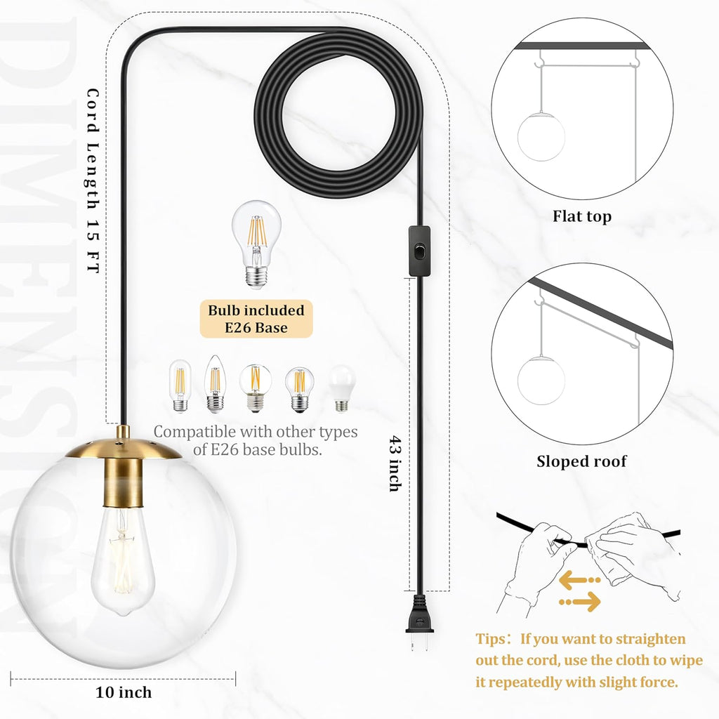 KoKo&Yukina 10" Globe Pendant Light Gold Plug in Pendant Light Adjustable Hanging Lights with Plug in Cord Brushed Gold Finished with Clear Glass Lampshade for Bedroom Kitchen Island（Bulb Included）