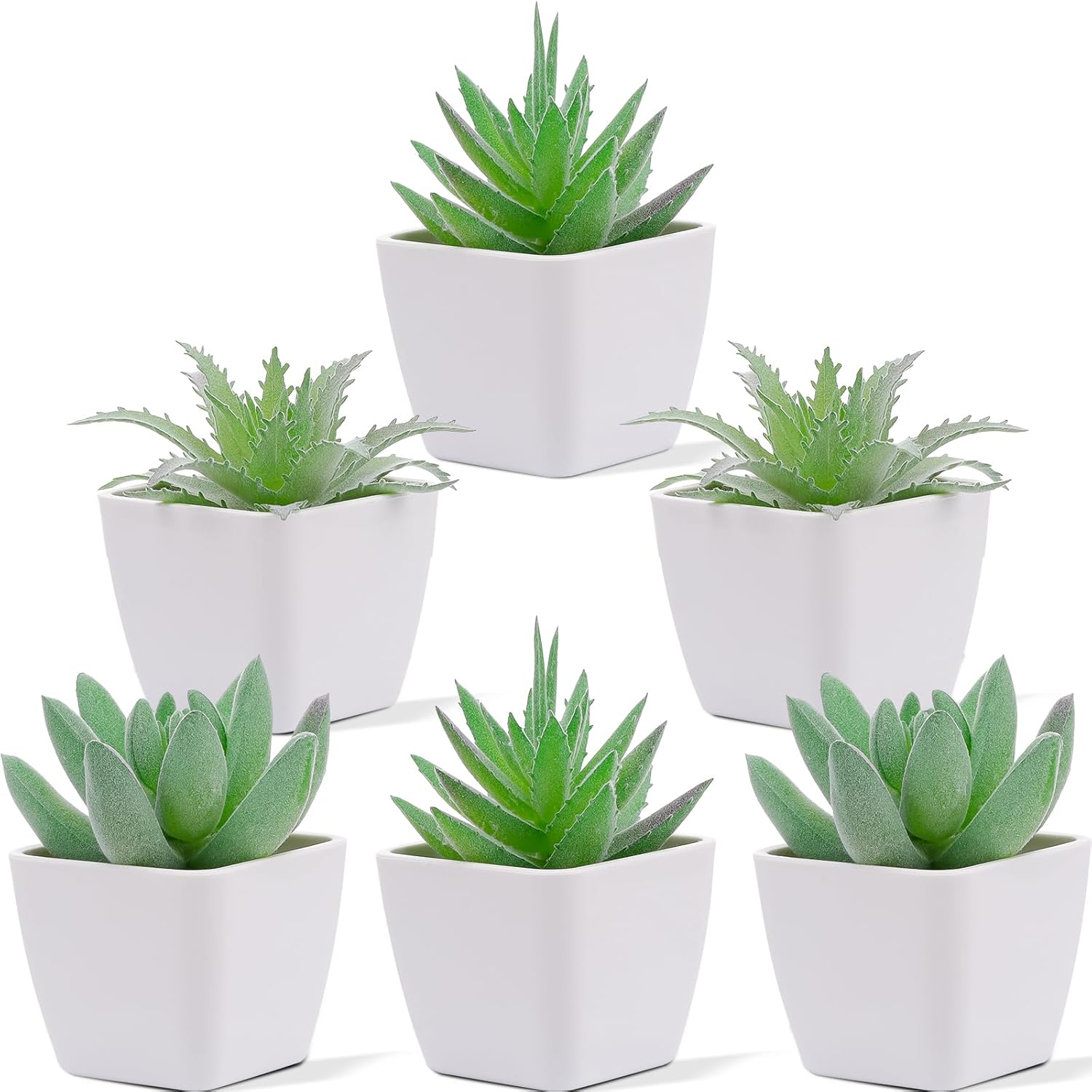 Woration 6pcs Faux Artificial Mini Flocking Succulent Plants in White Pots Fake Plastic Plants Topiaries for Shelf Table Windowsills Office Home Green Decoration