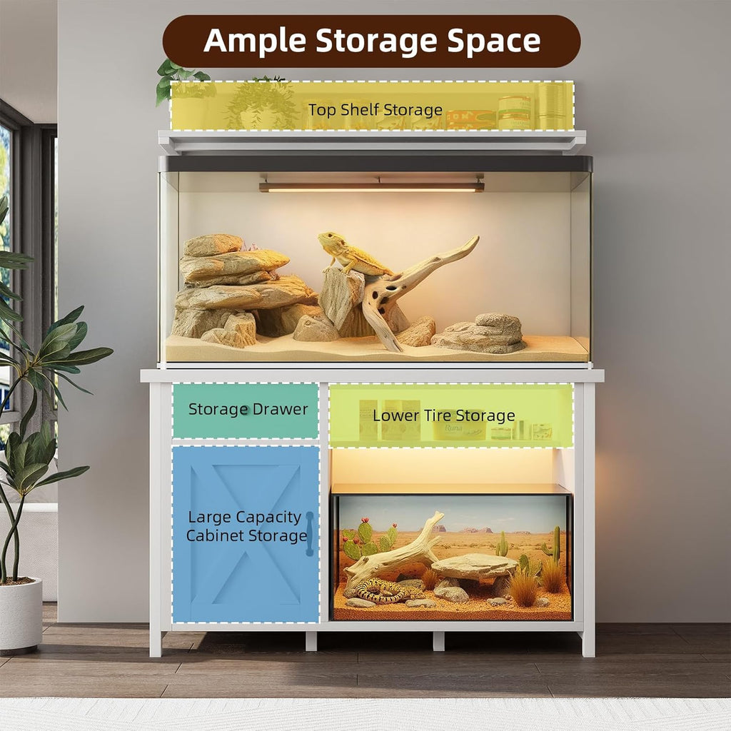 Reptile Tank Stand with Power Outlet, Terrarium Stand with Storage Cabinet, 49" X 20" Tabletop, Aquarium Stand with LED Lights, Reptile Terrarium,Turtle Tank, 1100LBS, White