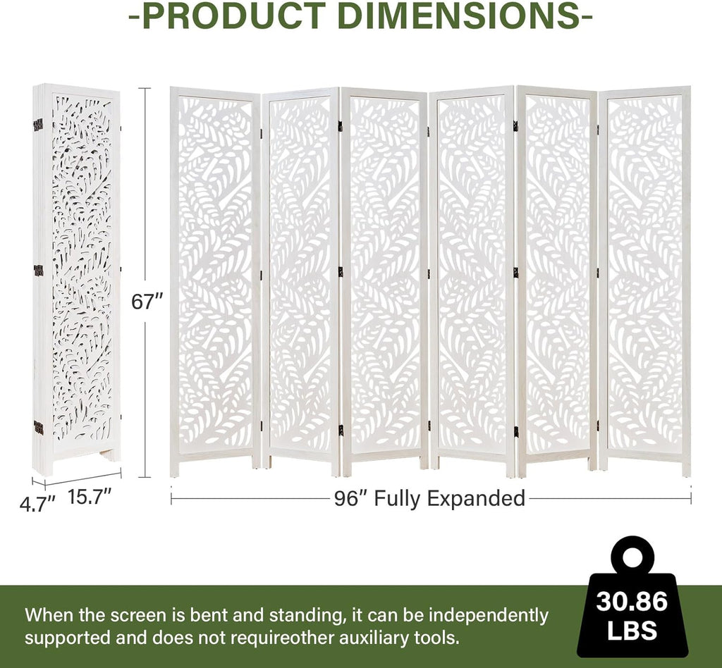 Leaf-Carved Room Divider Privacy Screen - 67 Inch Tall Foading Decorative Wood Screen Dividers Panel for Home - Natural Wood Room Partitions for Enhanced Privacy and Style White 6 Panel