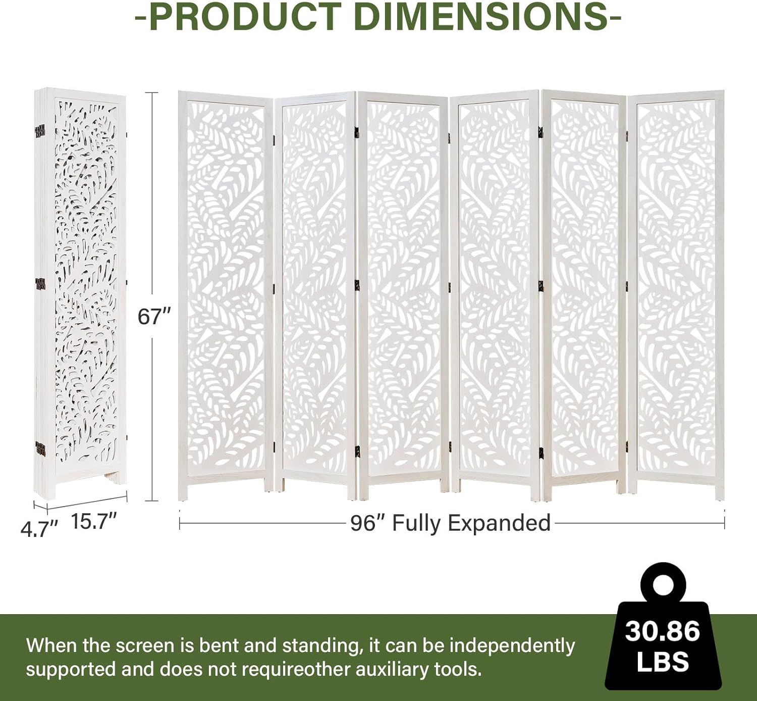 Leaf-Carved Room Divider Privacy Screen - 67 Inch Tall Foading Decorative Wood Screen Dividers Panel for Home - Natural Wood Room Partitions for Enhanced Privacy and Style White 6 Panel