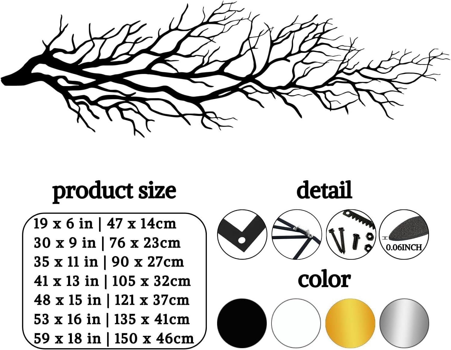 Tree Wall Art, Tree Branch Wall Decor, Metal Tree Branch Wall Art, Tree Branch Wall Hanging, Minimalist Branch Wall Decor, Metal Tree Wall decor, Tree of Life for Bedroom Living Room (Silver, 48 x 15 in | 121 x 37cm)