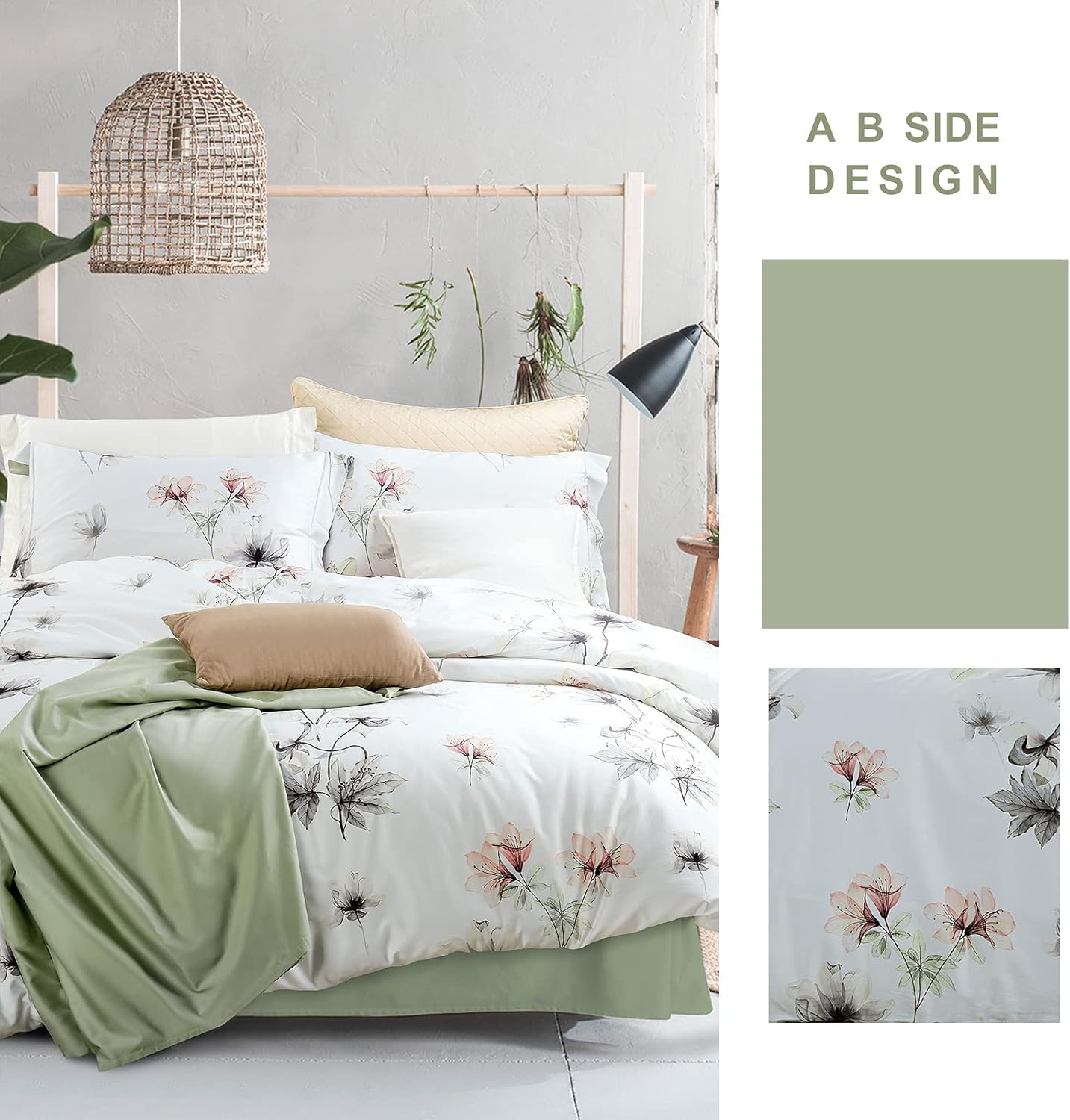 MILDLY 100% Long-Staple Cotton Duvet Cover Set White Green Floral Leaves Pattern Printed Comforter Cover 3pcs, Ultra Soft & Breathable Bedding Set