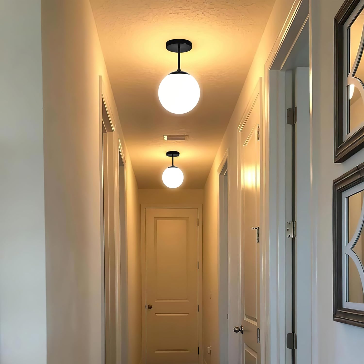 Globe Semi Flush Mount Ceiling Light, Mid Century Modern Light Fixture Ceiling, Milk Glass with Matte Black Finish, Living Room Kitchen Bedroom Hallway Storage Schoolhouse Laundry(LED Bulb Incl.)