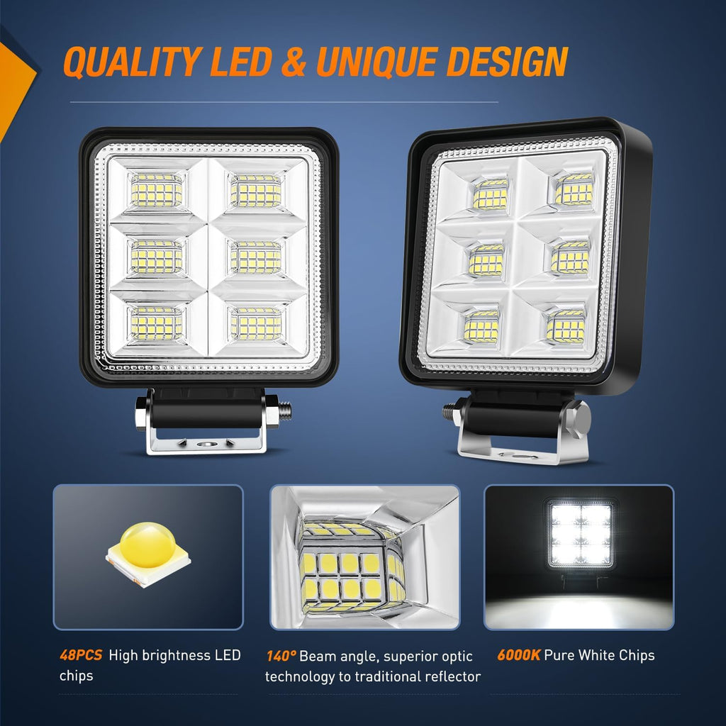 Nilight LED Tractor Lights LED Pods Square 2PCS 4 Inch 64LEDs Flood Bar Fog Driving Work Lighting for Truck Off Road Vehicles ATV UTV Boat