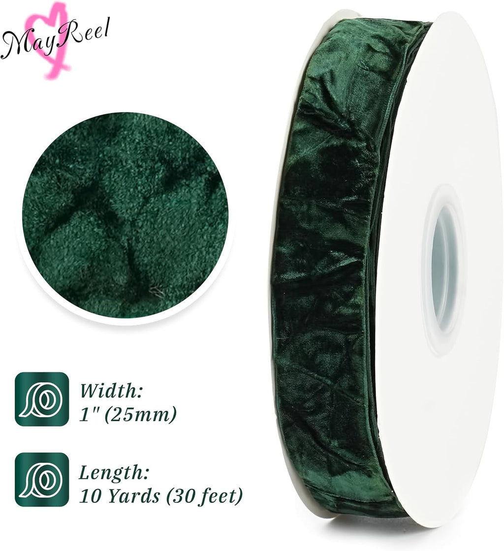MAYREEL 1 Inch Green Crushed Velvet Ribbon Olive Green Vintage for Flower Bouquets Wedding Invitations Crafts Gift Wrapping Party Favor Boxes 10 Yards