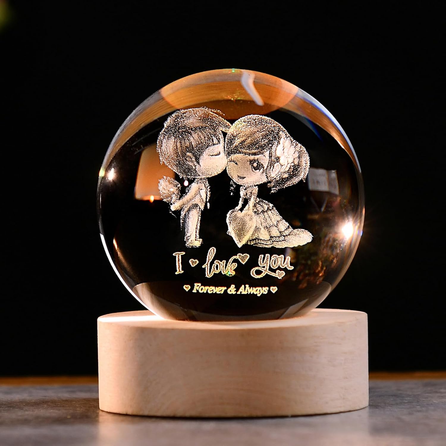 IFOLAINA 3D Couple Crystal Ball Valentine's Gifts for Her 2.36" Engraved Glass Couple Sphere Gifts with Colorful Lighted Base Decorative Glass Ball Romantic Anniversary Decor Wife Birthday Gifts