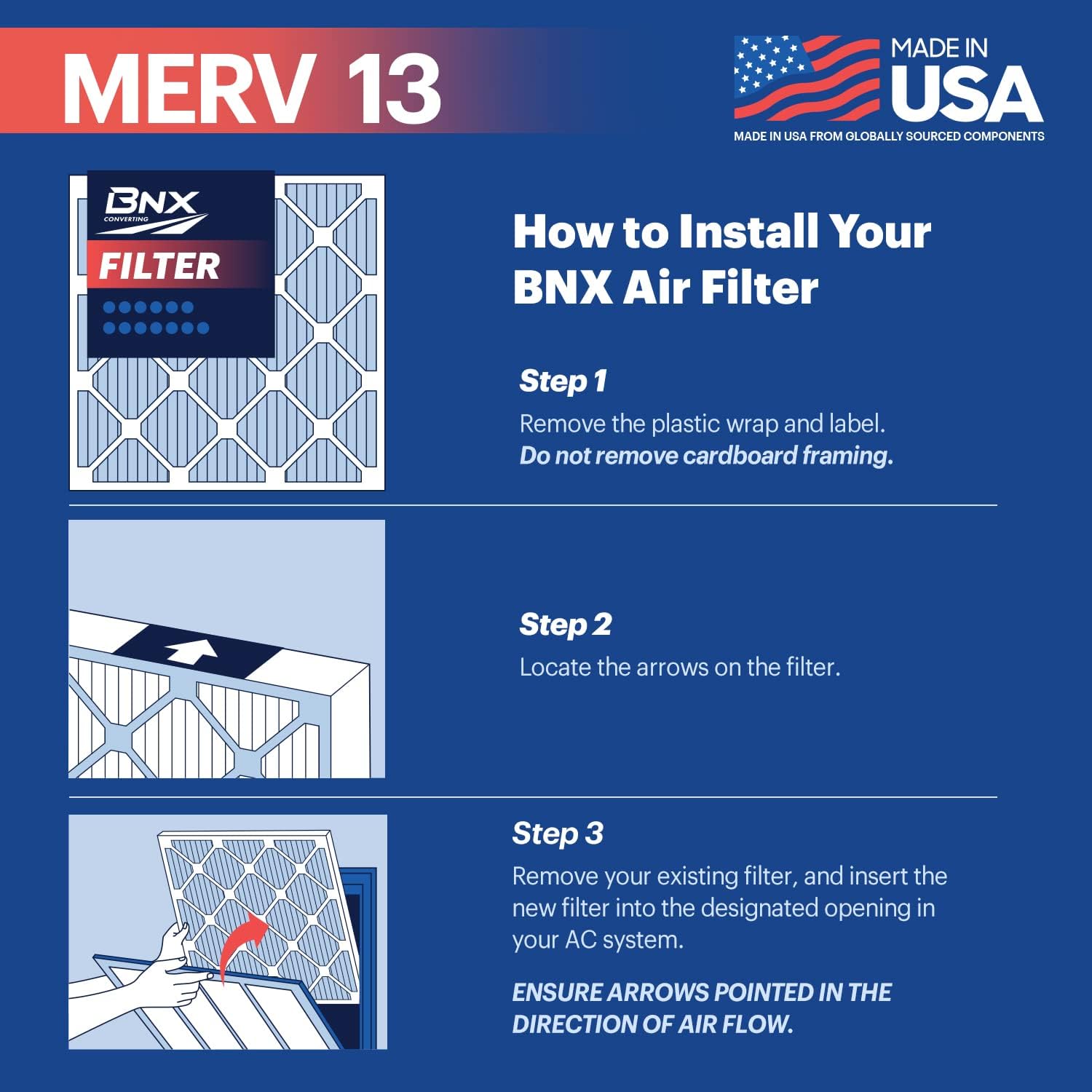BNX TruFilter 16x20x1 MERV 13 (2-Pack) AC Furnace Air Filter - MADE IN USA - Electrostatic Pleated Air Conditioner HVAC AC Furnace Filters - Removes Pollen, Mold, Bacteria, Smoke