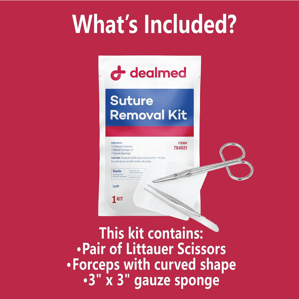 Dealmed Sterile Suture Removal Kit, Includes Suture Removal Scissors, Forceps, and Gauze Sponge, Suture Removal Tool Single-Use Kit, Ideal for Hospitals and Clinics