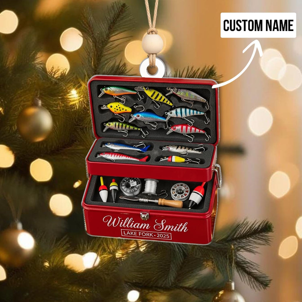 Personalized Fishing Tackle Box Ornament - Fisherman Lure Bait Ornaments Christmas Tree Decor - Outdoor Sportsman Hanging Xmas Decorations Gift for Anglers, Dads & Camping Lovers