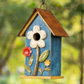 Glitzhome 10.2" H Hanging Bird House for Outdoor Patio Garden Decorative BirdHouse Pet Cottage Distressed Wooden Birdhouse with 3D Flowers, Washed Blue