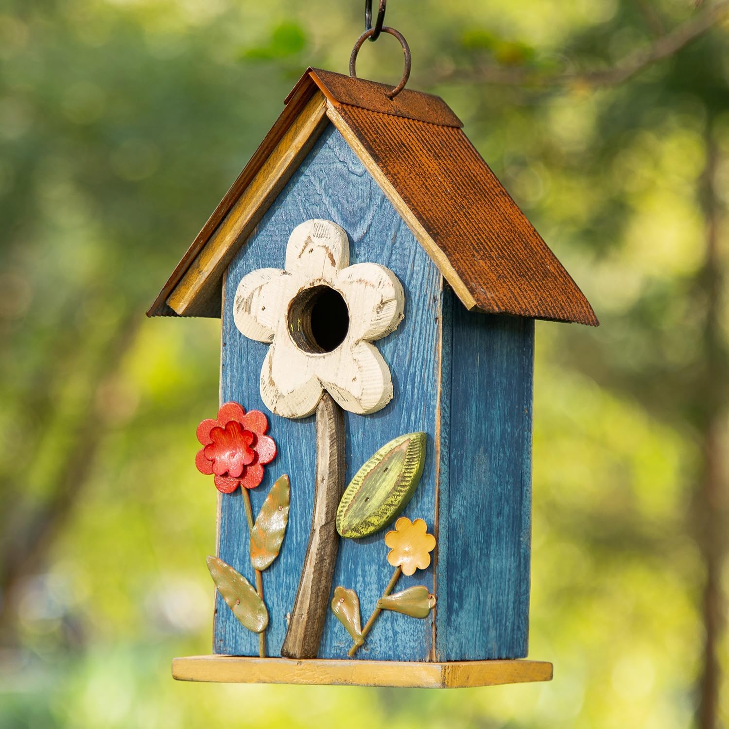Glitzhome 10.2" H Hanging Bird House for Outdoor Patio Garden Decorative BirdHouse Pet Cottage Distressed Wooden Birdhouse with 3D Flowers, Washed Blue