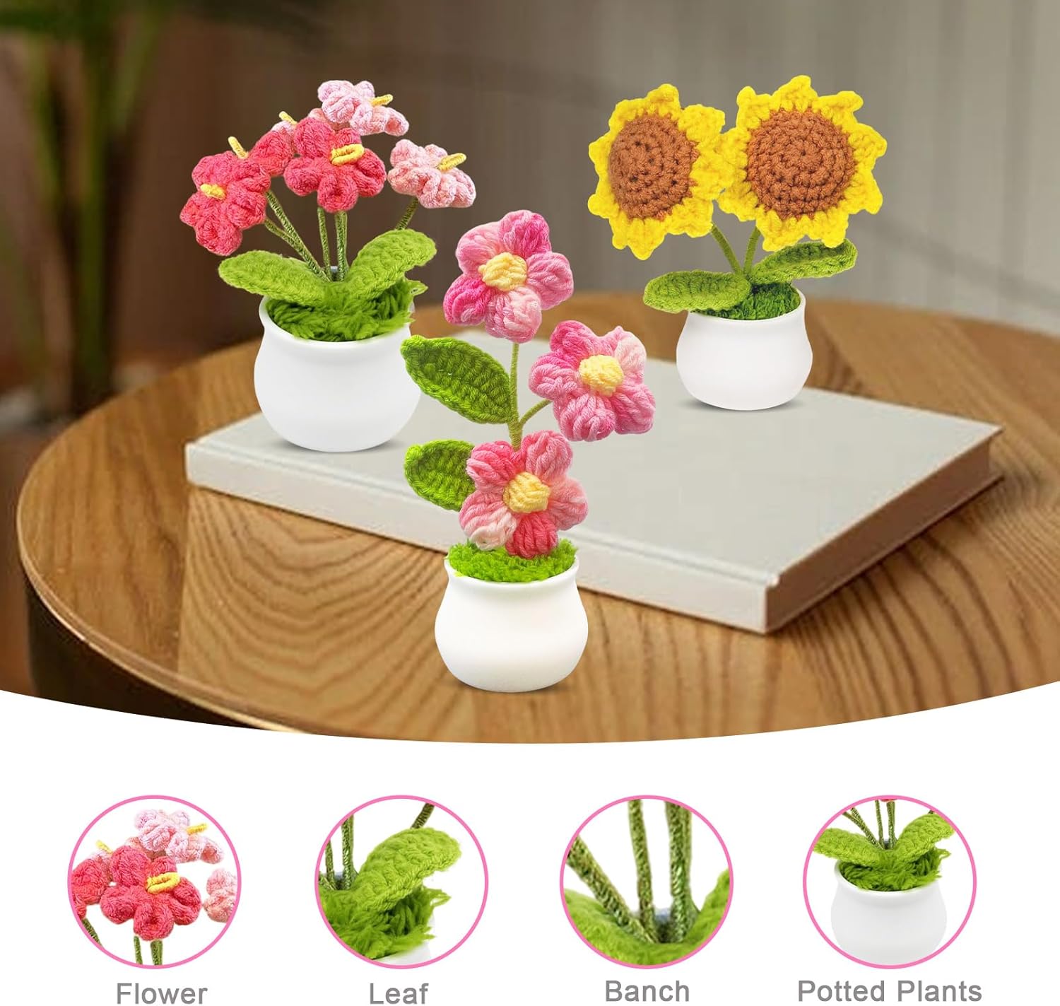 3pcs Crochet Flowers Cute Potted Flower,Mini Flower Bouquet for Mom Wife, Cute Desk Decor for Women,Artificial Handmade Flowers for Car Dashboard,Home Office Decoration (Color#1)