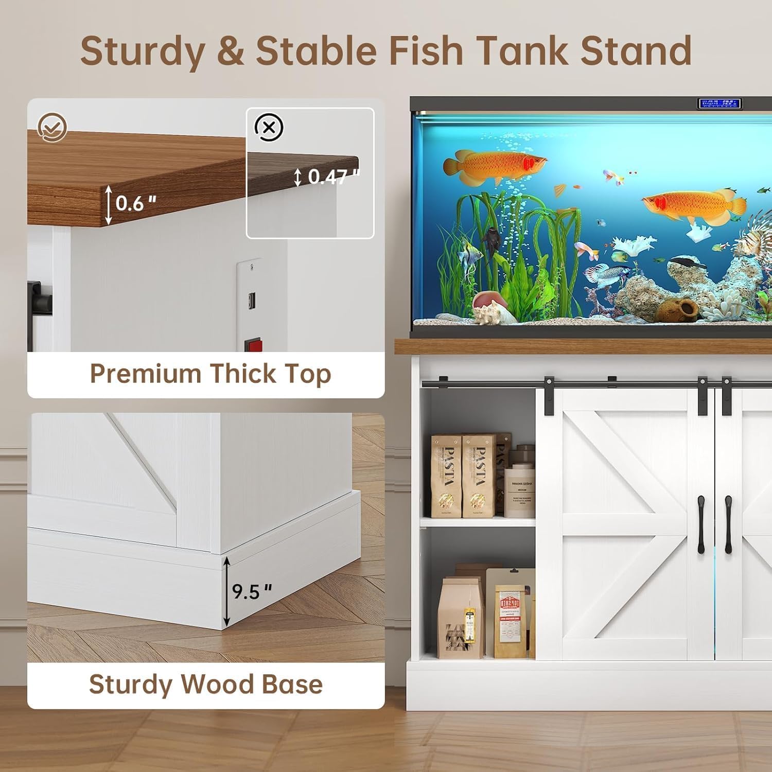 55-75 Gallon Fish Tank Stand with Sliding Barn Doors & Power Outlet, Heavy Duty Aquarium Stand with Cabinet Storage for Fish Tank, Turtle Tank, Reptile Terrarium, Capacity 1000LBS
