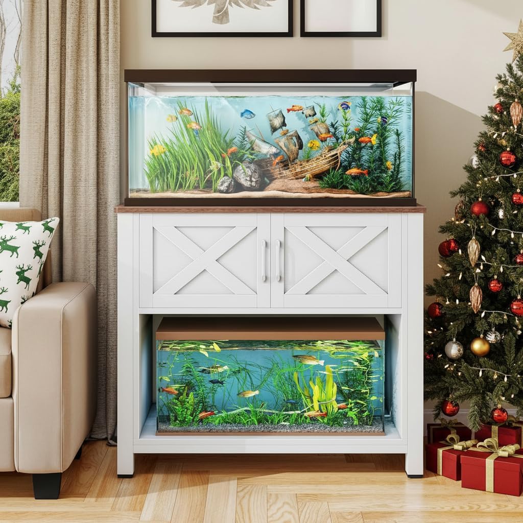 DWVO Heavy Duty Metal Aquarium Stand with Power Outlets, Cabinet for Fish Tank Accessories Storage - Suitable for 40-50 Gallon Fish Tank Stand, Turtle, Reptile Terrarium, 660LBS Capacity, White