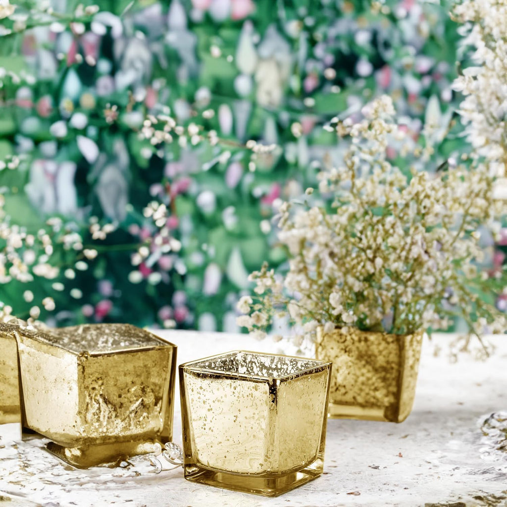 WGVI 24 Pcs Gold Speckled Square Glass Tea Light Votive Candle Holders, Width 2", Height 2", Small Cube CandleHolders Container Terrarium Tabletop Ambient Décor