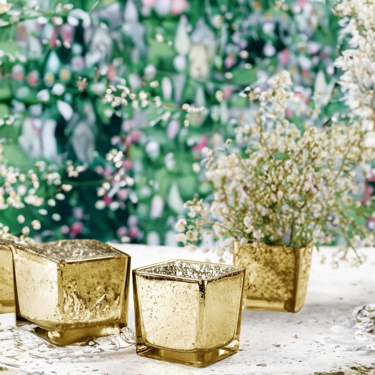 WGVI 24 Pcs Gold Speckled Square Glass Tea Light Votive Candle Holders, Width 2", Height 2", Small Cube CandleHolders Container Terrarium Tabletop Ambient Décor