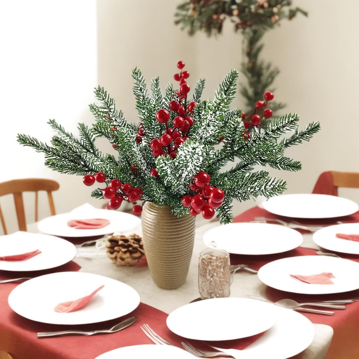 TIHOOD 25PCS 11.8” Artificial Flocking Pine Picks Snow Forest Artificial Pine Needles Branches Christmas Fake Greenery Tree Branches DIY Leaves for Christmas Wreaths Garden Party Holiday Decor