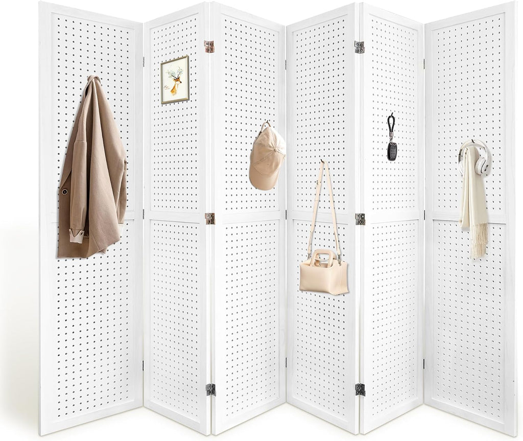 6 Panel Room Dividers 5.6FT Wall Divider with Freestanding Peg Board Display Wooden Folding Privacy Screen Foldable Partition Wall for Studio Apartment, Living Room, White