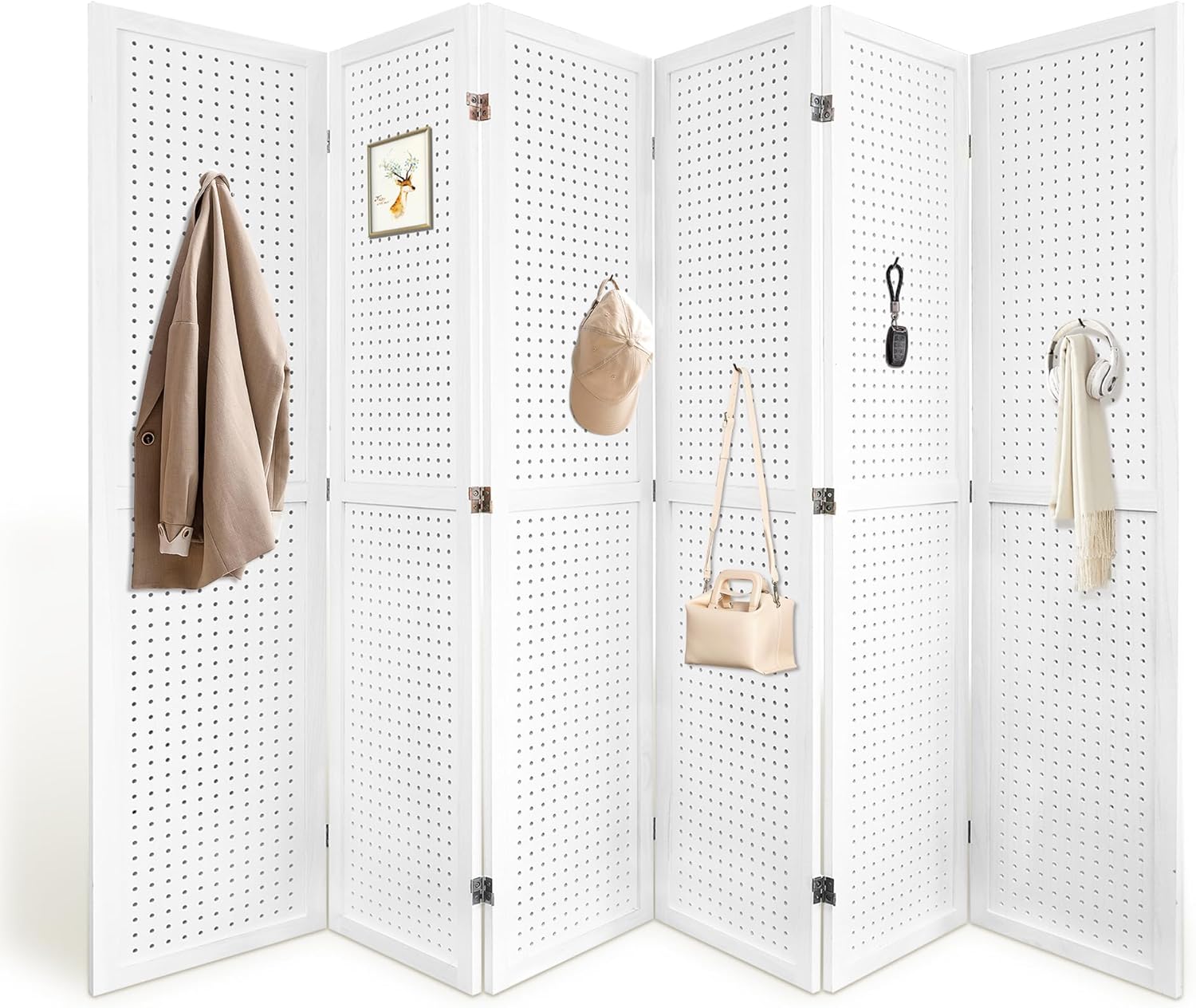6 Panel Room Dividers 5.6FT Wall Divider with Freestanding Peg Board Display Wooden Folding Privacy Screen Foldable Partition Wall for Studio Apartment, Living Room, White