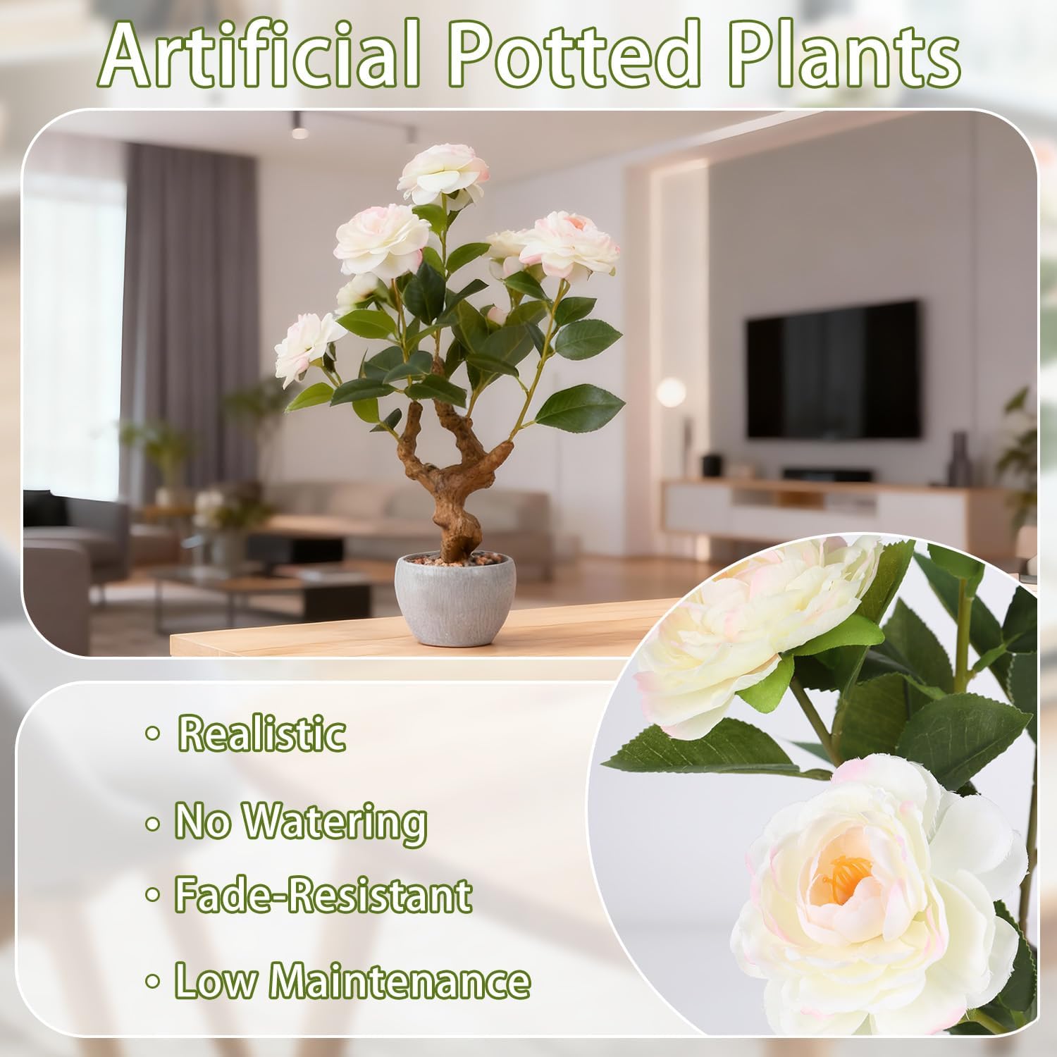 TOARTi Artificial Camellia Potted Plant with Stone Pot, 20" Tall Fake Potted Flowers Faux Desk Plant, Realistic Decorative Plants Indoor Decor for for Home Bedroom Bathroom Office Desk