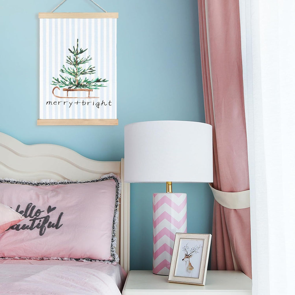 FDHSPAAM Christmas Pine Tree Wall Art Decor, Christmas Tree Decor, Blue and White Stripes Merry Xmas Holiday Wall Art Posters for Home Bedroom Living Room, 12x16 Inch