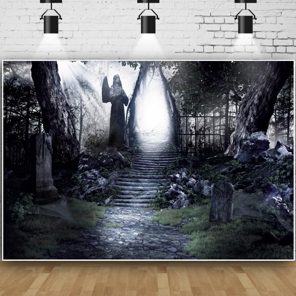 Renaiss Fabric Dark Forest Backdrop Dilapidated Stone Path in Dark Woods Leading to Bright Exit Photography Background Scary Halloween Scene Photoshoot Backdrop 6x4ft