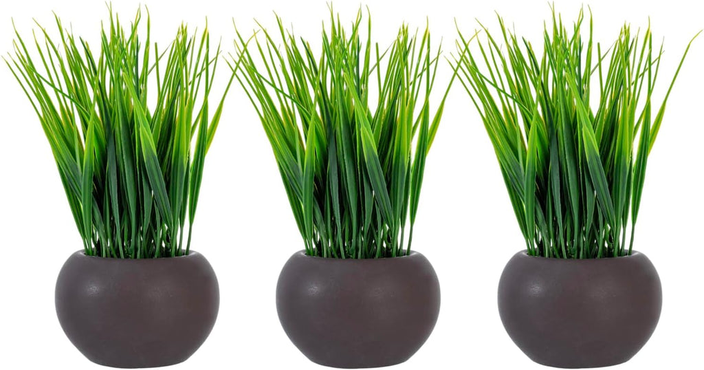 MyGift 7 Inch Tall Modern Mini Artificial Grass Plants in Small Round Brown Ceramic Pots, Decorative Tabletop Faux Greenery Indoor Home Decor, Set of 3