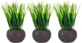 MyGift 7 Inch Tall Modern Mini Artificial Grass Plants in Small Round Brown Ceramic Pots, Decorative Tabletop Faux Greenery Indoor Home Decor, Set of 3