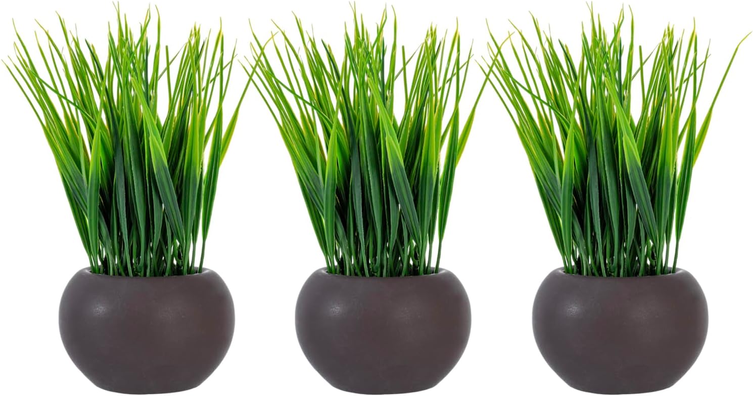 MyGift 7 Inch Tall Modern Mini Artificial Grass Plants in Small Round Brown Ceramic Pots, Decorative Tabletop Faux Greenery Indoor Home Decor, Set of 3