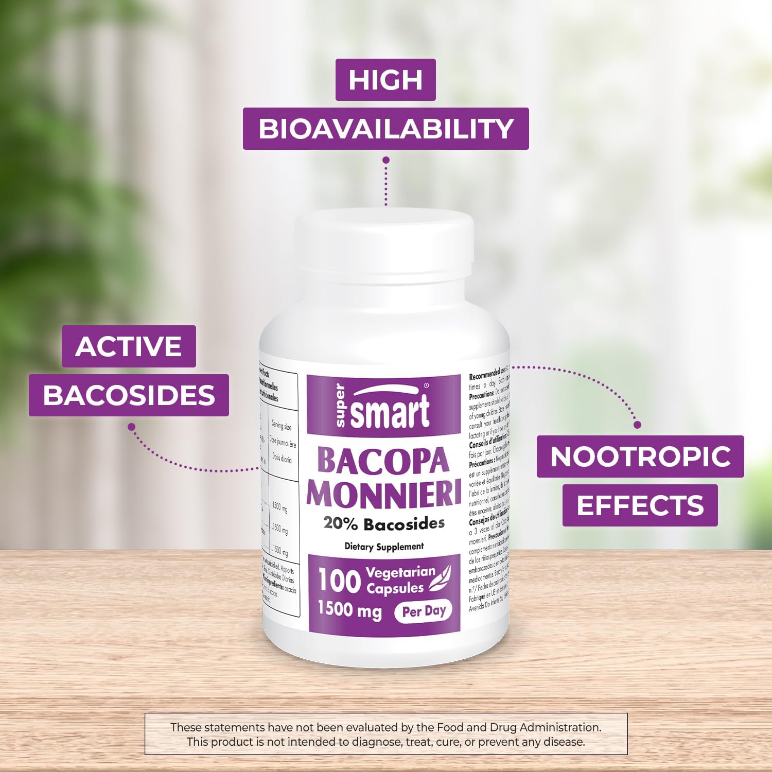 Supersmart Bacopa Monnieri 1500mg per Day (High Bioavailability) - Bacopa Extract - Active Bacosides Nootropic Supplement | Non-GMO & Gluten Free - 100 Vegetarian Capsules