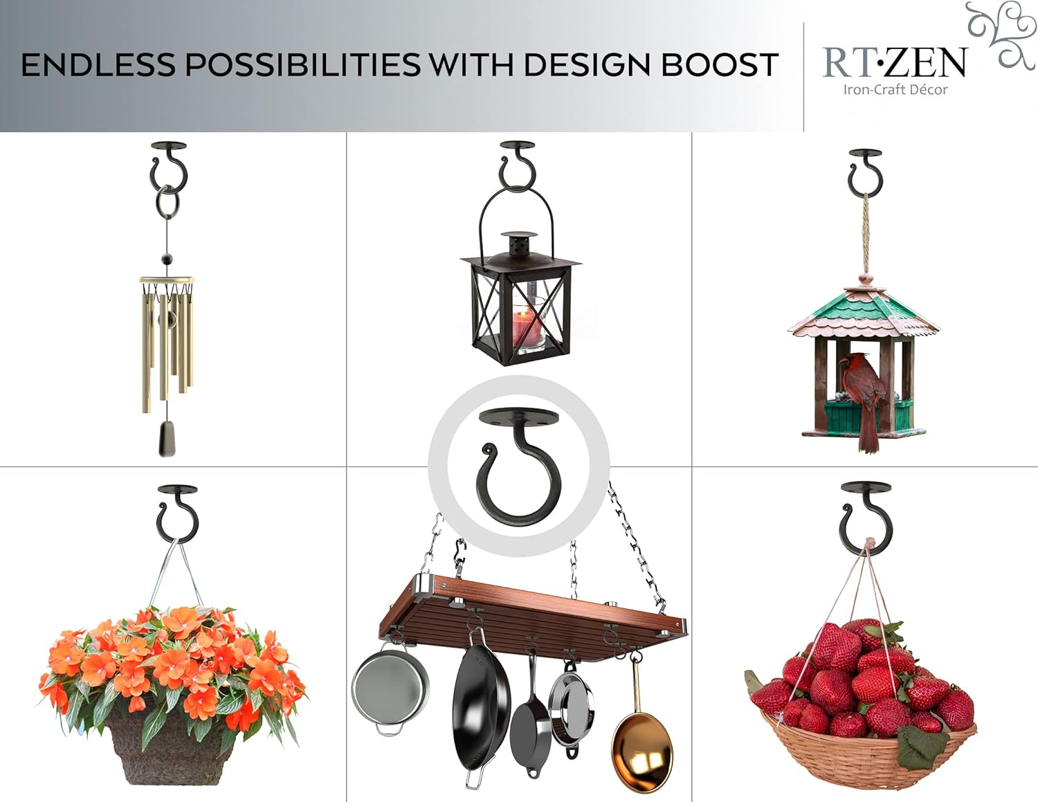 RTZEN Plant Hangers Indoor or Outdoor - Wrought Iron Metal Hanger Indoor Hook - Heavy Duty Wall Bracket Hooks for Hanging Plants Baskets Lanterns Wind Chimes - 2 Pack (Large Black Ceiling Hooks)