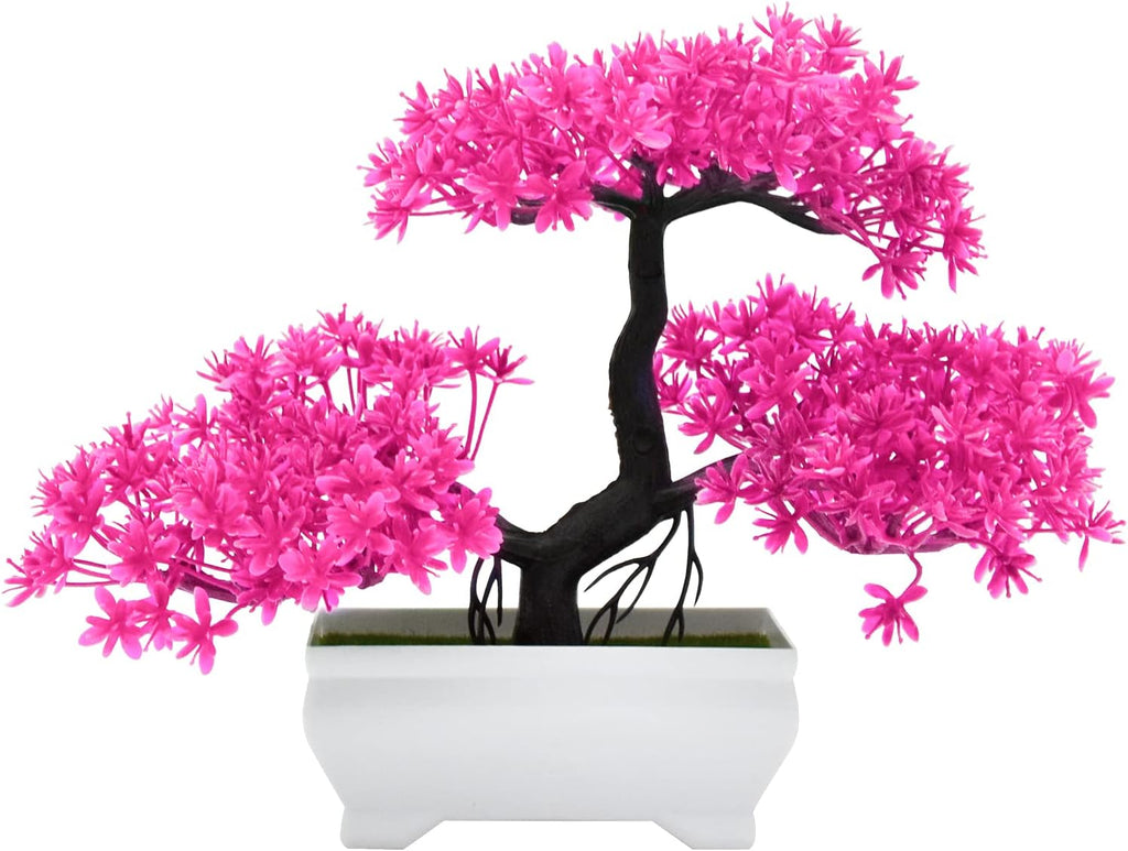 Mini Artificial Bonsai Tree Plants with Plastic Cement Pots for Home Office Décor(Pink)