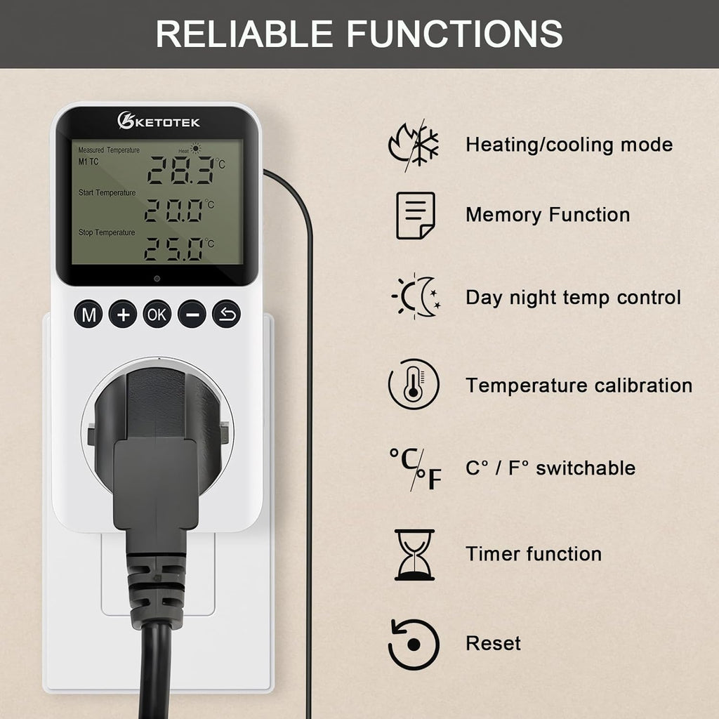 KETOTEK Digital Day/Night Temperature Controller 120V, Thermostat Outlet Plug with Timer, Thermostatic Outlet Switch 110V with 3m Sensor for Reptile Terrarium Greenhouse, Heating/Cooling Temp Control