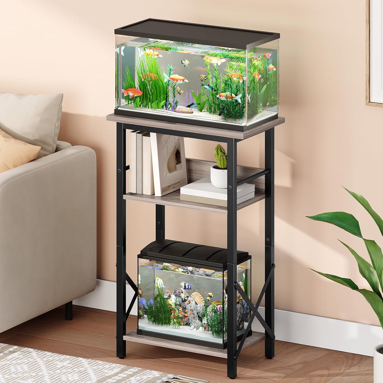 HOOBRO 10 Gallon Aquarium Stand, 3-Tier Fish Tank Stand with Storage, Reptile Turtle Tank Stand with Metal Frame, 20.5" L x 11" W , Greige BG52FT01