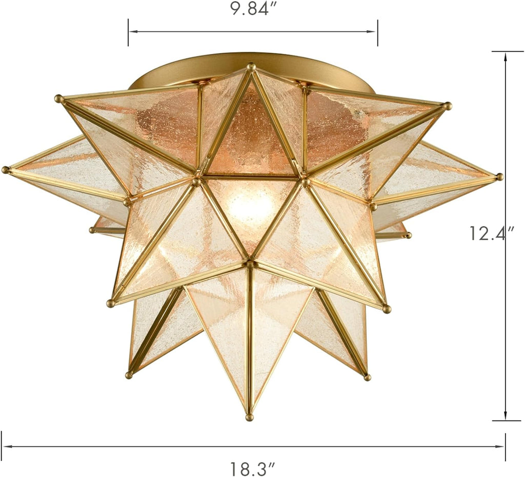 DAYCENT Gold Moravian Star Ceiling Light Fixture Modern Moroccan Seeded Glass Brass Flush Mount Ceiling Lights for Hallway Bedroom Kitchen, 18 Inches