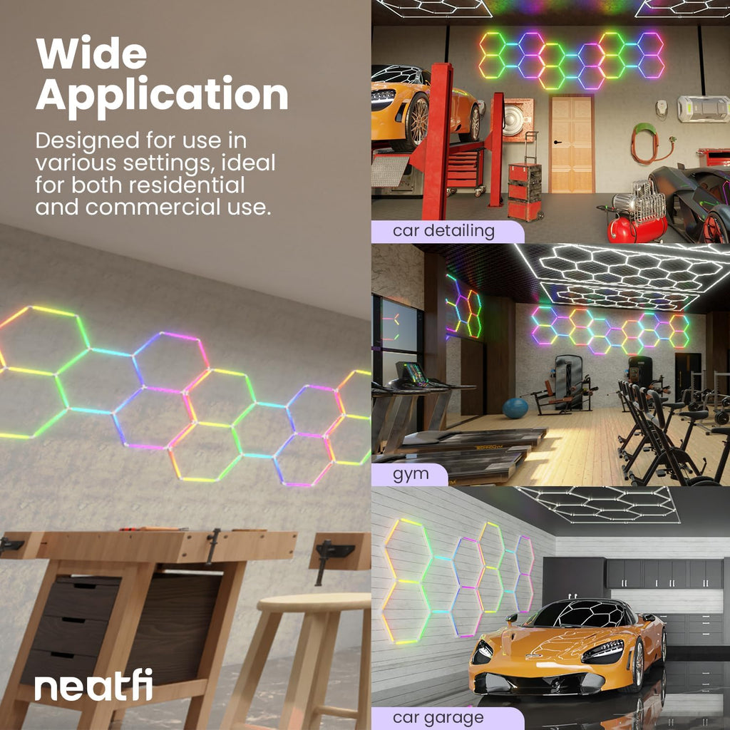 Neatfi LED Hexagon Garage Lights, 43.2W, Honeycomb Ceiling Light for Auto Shops, Car Detailing, Workshop, Gym, Basement, Warehouse, Barber Shop and Beauty Salons (5 Hex Grids, RGB)